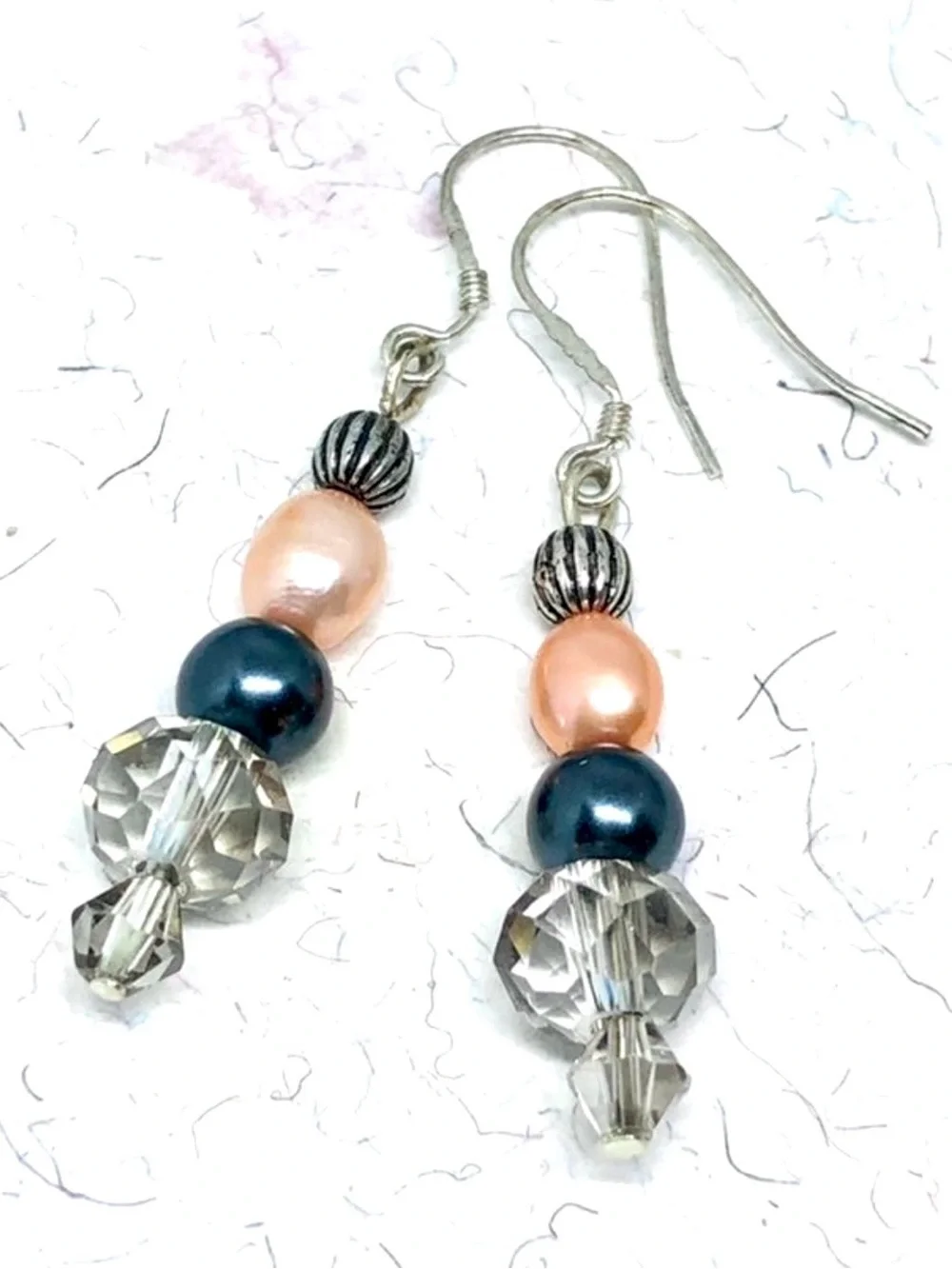 Gray Crystal Peach Orange and Black FW Pearl Antique Silver Tone Dangle Earrings